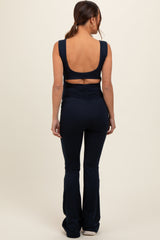 Navy Blue Open Back Ruched Sleeveless Maternity Jumpsuit