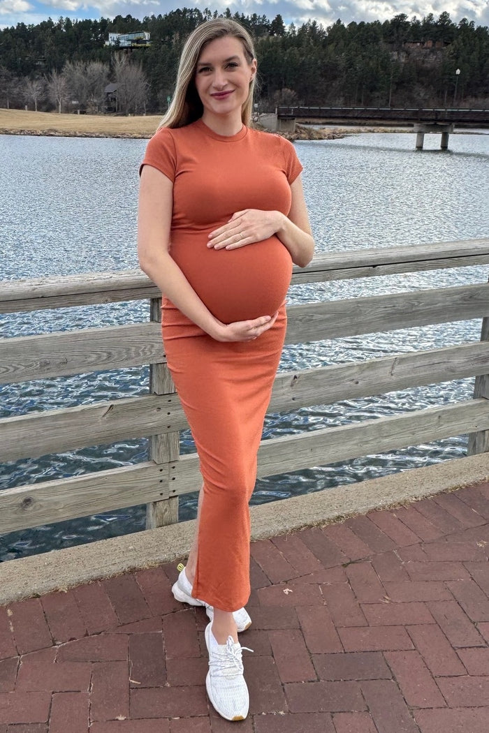 Rust Fitted Short Sleeve Maternity Maxi Dress