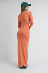 Rust Long Sleeve Fitted Maxi Dress