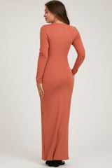 Rust Long Sleeve Fitted Maternity Maxi Dress