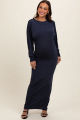 Navy Blue Long Sleeve Open Back Maternity Maxi Dress