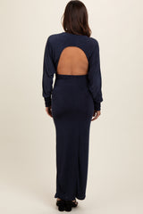 Navy Blue Long Sleeve Open Back Maternity Maxi Dress