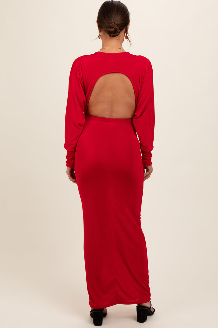 Red Long Sleeve Open Back Maternity Maxi Dress