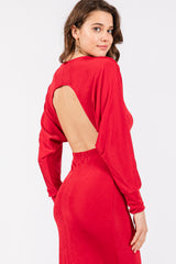 Red Long Sleeve Open Back Maxi Dress