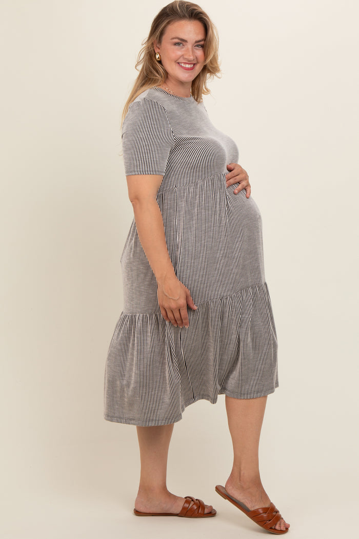 Ivory Black Striped Ribbed Tiered Maternity Plus Dress