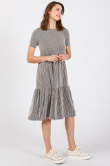 Ivory Black Striped Ribbed Tiered Dress