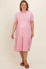 Pink Ribbed Tiered Maternity Plus Dress