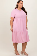 Pink Ribbed Tiered Plus Dress