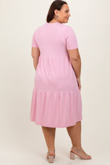 Pink Ribbed Tiered Plus Dress