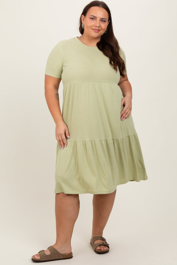 Light Olive Ribbed Tiered Maternity Plus Dress
