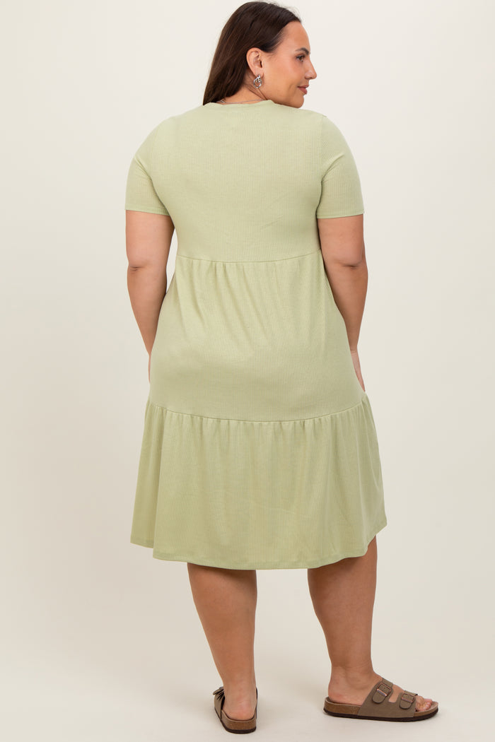 Light Olive Ribbed Tiered Plus Dress