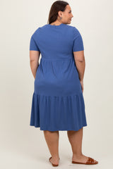 Blue Ribbed Tiered Plus Dress