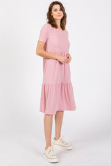 Pink Ribbed Tiered Midi Dress