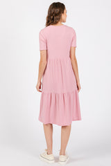 Pink Ribbed Tiered Midi Dress