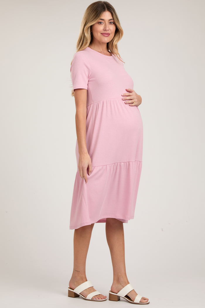 Pink Ribbed Tiered Maternity Midi Dress