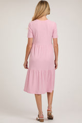 Pink Ribbed Tiered Maternity Midi Dress