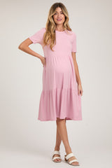 Pink Ribbed Tiered Maternity Midi Dress