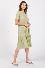 Light Olive Ribbed Tiered Midi Dress