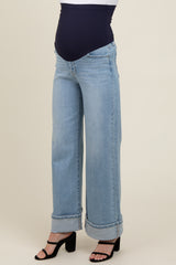 Light Blue Cuffed Maternity Wide Leg Jeans