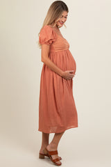 Salmon Crochet Front Short Puff Sleeve Maternity Midi Dress