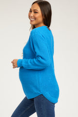 Blue Waffle Knit Round Hem Maternity Sweater