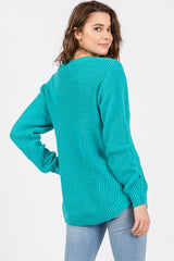 Turquoise Waffle Knit Round Hem Sweater