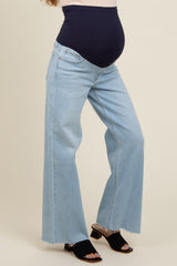 Light Blue Unfinished Hem Wide Leg Maternity Jeans