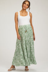 Light Olive Leaf Printed Drawstring Tiered Maternity Maxi Skirt