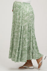 Light Olive Leaf Printed Drawstring Tiered Maternity Maxi Skirt