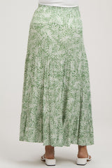 Light Olive Leaf Printed Drawstring Tiered Maternity Maxi Skirt