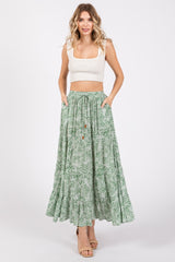 Light Olive Leaf Printed Drawstring Tiered Maternity Maxi Skirt