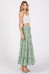 Light Olive Leaf Printed Drawstring Tiered Maxi Skirt