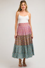 Mauve Floral Smocked Tiered A-Line Maternity Midi Skirt