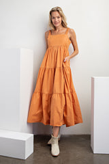 Orange Square Neck Cut Out Back Tiered Maxi Dress