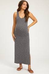 Charcoal Ribbed Sleeveless Side Slit Maternity Midi Dress