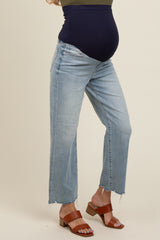 Light Blue Distressed Hem Maternity Straight Leg Jeans