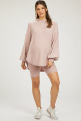 Light Pink Ribbed Hoodie Bike Shorts Maternity Set