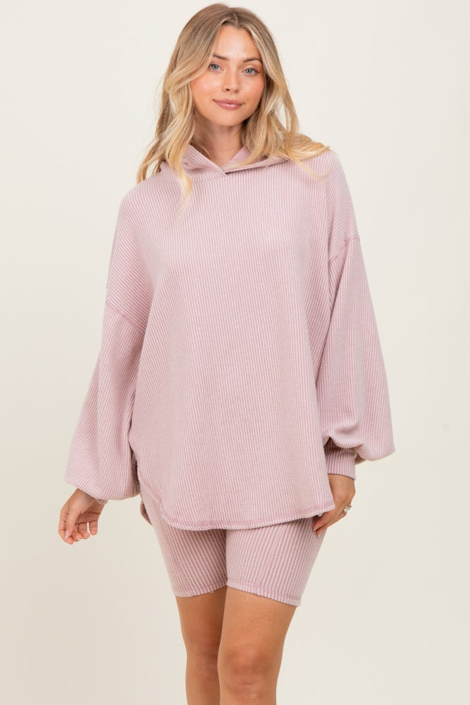 Light Pink Ribbed Hoodie Bike Shorts Set