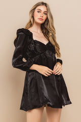 Black Satin Smocked Back Babydoll Dress