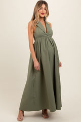 Light Olive Collared Halter Back Tie Maternity Maxi Dress