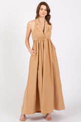 Taupe Collared Halter Back Tie Maternity Maxi Dress