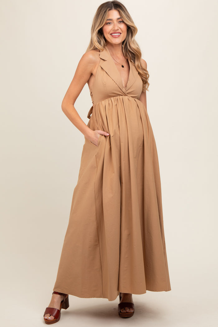 Taupe Collared Halter Back Tie Maternity Maxi Dress