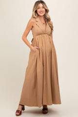 Taupe Collared Halter Back Tie Maternity Maxi Dress