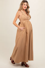 Taupe Collared Halter Back Tie Maternity Maxi Dress