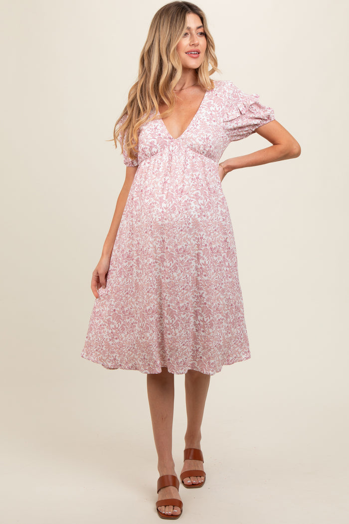 Pink Floral Tie Back Maternity Midi Dress