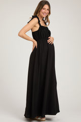 Black Square Neck Shoulder Tie Maternity Maxi Dress