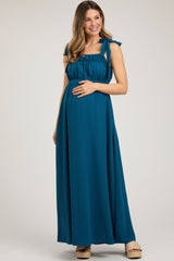 Teal Square Neck Shoulder Tie Maternity Maxi Dress