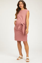 Mauve Terry Knit Gathered Waist Maternity Dress