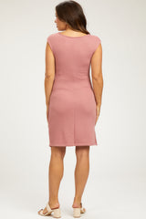 Mauve Terry Knit Gathered Waist Maternity Dress