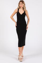 Black Ribbed Sweetheart Neck Maternity Midi Dress